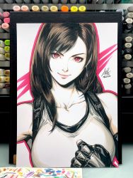 Rule 34 | 1girl, art tools in frame, bare shoulders, black gloves, breasts, brown hair, clenched hand, closed mouth, collarbone, commentary, earrings, english commentary, final fantasy, final fantasy vii, final fantasy vii remake, fingerless gloves, gloves, highres, jewelry, large breasts, looking at viewer, marker (medium), red eyes, shirt, smile, solo, stanley lau, suspenders, swept bangs, tank top, taut clothes, taut shirt, tifa lockhart, traditional media, upper body, white tank top