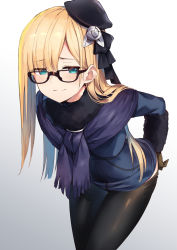 Rule 34 | 1girl, amagasa yun, bent over, bespectacled, black-framed eyewear, black headwear, black pantyhose, black ribbon, blonde hair, blue eyes, blue hair, blue jacket, blush, brown gloves, capelet, closed mouth, clothes pull, fate (series), flower, fur-trimmed sleeves, fur collar, fur trim, glasses, gloves, gradient background, gradient hair, grey background, hair flower, hair ornament, hair ribbon, highres, jacket, long sleeves, lord el-melloi ii case files, multicolored hair, pantyhose, pantyhose pull, pulling own clothes, purple capelet, reines el-melloi archisorte, ribbon, rose, smile, smug, solo, tilted headwear, white flower, white rose