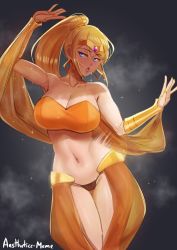 Rule 34 | 1girl, absurdres, aestheticc-meme, alternate costume, arabian clothes, arm up, artist name, bandeau, bare shoulders, belly dancing, black panties, blonde hair, blue eyes, blush, breasts, circlet, cleavage, collarbone, cosplay, dancer, dancing, earrings, gem, gluteal fold, gold, grey background, hagoromo, half-closed eyes, hand up, harem outfit, harem pants, high ponytail, highres, hoop earrings, jewelry, jpeg artifacts, large breasts, long hair, looking to the side, metroid, mole, mole under mouth, motion lines, nail polish, navel, nintendo, nose blush, orange bandeau, orange nails, orange pants, panties, pants, parted lips, purple gemstone, revealing clothes, samus aran, see-through, shantae, shantae (cosplay), shantae (series), shawl, sidelocks, signature, simple background, solo, sparkle, spirit (super smash bros.), standing, steam, steaming body, stomach, string panties, sweat, teeth, toned, underwear, vambraces