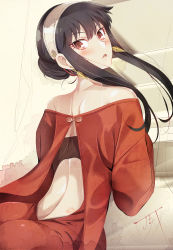 Rule 34 | 1girl, :o, absurdres, ass, back, back cutout, black bra, black hair, blush, bra, clothing cutout, earrings, hairband, highres, jet yowatari, jewelry, long sleeves, looking at viewer, looking back, off-shoulder sweater, off shoulder, open mouth, red eyes, red sweater, sidelocks, spy x family, sweater, underwear, yor briar