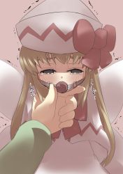 Rule 34 | 1girl, arms behind back, ball gag, blonde hair, bow, empty eyes, female focus, gag, gagged, gaoo (frpjx283), grabbing another&#039;s chin, hand on another&#039;s chin, hand on own chin, hat, lily white, long hair, pink background, simple background, solo focus, tearing up, tears, touhou, trembling, wiffle gag, wings