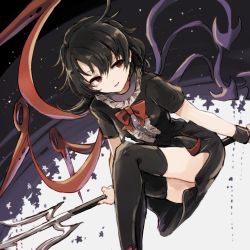 Rule 34 | 1girl, asymmetrical wings, bad id, bad twitter id, black dress, black hair, black thighhighs, dress, floating, hisona (suaritesumi), houjuu nue, looking to the side, open mouth, polearm, red eyes, red ribbon, ribbon, short sleeves, sketch, solo, thighhighs, touhou, trident, weapon, wings, wrist cuffs