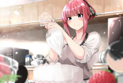 Rule 34 | 1girl, apron, black ribbon, blue eyes, blue nails, blush, bowl, cake, closed mouth, commentary request, food, fruit, fuu (fuore), go-toubun no hanayome, grey apron, hair ribbon, hands up, highres, icing, indoors, kitchen, microwave, milk carton, mixing bowl, nail polish, nakano nino, pastry bag, plate, ponytail, red hair, ribbon, shirt, sidelocks, sleeves rolled up, soles, solo, standing, strawberry, white shirt