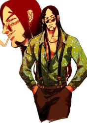 Rule 34 | 1boy, black hair, black pants, chest tattoo, earrings, golden kamuy, green shirt, hands in pockets, highres, jewelry, long hair, long sleeves, looking at viewer, male focus, mouth hold, multiple views, oosawa fusatarou, paisley, pants, pectorals, shirt, simple background, smoking, standing, sunglasses, suspenders, tattoo, very long hair, white background, zazuzamushi