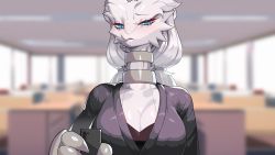 Rule 34 | 1girl, :&lt;, absurdres, animal hands, black jacket, black shirt, blue eyes, blue sclera, blush, body fur, breasts, cellphone, claws, cleavage, closed mouth, collarbone, colored sclera, creatures (company), drunkoak, female focus, furry, furry female, game freak, gen 5 pokemon, hair tie, half-closed eyes, hand up, highres, holding, holding phone, indoors, jacket, jewelry, large breasts, legendary pokemon, long hair, long sleeves, looking at viewer, neck ring, nintendo, office, personification, phone, pokemon, pokemon (creature), reshiram, shiny skin, shirt, smartphone, solo, upper body, white fur, white hair