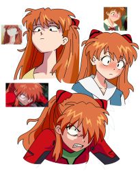 Rule 34 | 1girl, angry, blush, collarbone, commentary, crazy eyes, derivative work, embarrassed, the end of evangelion, english commentary, expressionless, hair ornament, hair over one eye, hairclip, highres, leaning back, long neck, marreeps, meme, multiple views, neon genesis evangelion, one eye covered, orange hair, pathetic (meme), pilot suit, plugsuit, school uniform, screenshot inset, screenshot redraw, souryuu asuka langley, surprised, two side up, v-shaped eyebrows, white background