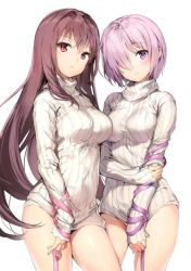 Rule 34 | 2girls, anmi, arm ribbon, blush, breasts, brown hair, covered navel, dress, fate/grand order, fate (series), hair over one eye, large breasts, light purple hair, long hair, looking at viewer, mash kyrielight, medium breasts, multiple girls, naked sweater, purple eyes, red eyes, ribbed sweater, ribbon, scathach (fate), short hair, simple background, sleeves past wrists, standing, sweater, sweater dress, thighs, turtleneck, turtleneck sweater, very long hair, white background, white sweater