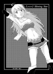 Rule 34 | 00s, 1girl, breasts, bustier, cleavage, denim, denim shorts, greyscale, hoshii miki, idolmaster, idolmaster (classic), idolmaster 1, idolmaster sp, large breasts, lingerie, midriff, monochrome, navel, nishi (count2.4), project fairy, short shorts, shorts, solo, underwear
