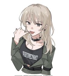 Rule 34 | 1girl, black choker, black shirt, chinese commentary, choker, coat, commentary request, corrupted twitter file, earclip, finger in own mouth, girls band cry, grey coat, grey eyes, iris769675331, kawaragi momoka, light brown hair, long hair, open clothes, open coat, piercing, shirt, simple background, solo, tongue, tongue out, tongue piercing, upper body, white background