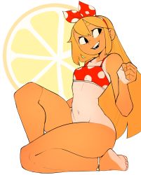 Rule 34 | 1girl, 2019, absurdres, anklet, bikini, bikini top only, blonde hair, bottomless, breasts, clenched hand, commentary, english commentary, food, fruit, groin, highres, jewelry, leg up, lemon, light soles, long hair, looking to the side, mole, mole under eye, navel, negsus, one-piece tan, open mouth, original, red bikini, sidelocks, small breasts, solo, swimsuit, tan, tanline, thai (negsus)