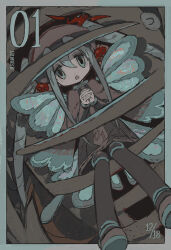 Rule 34 | 1girl, aqua eyes, artist name, beret, black dress, black pantyhose, border, brown footwear, brown hat, brown necktie, bug miku (project voltage), character name, commentary request, creatures (company), dress, game freak, gen 4 pokemon, grey hair, hair between eyes, hat, hatsune miku, highres, interlocked fingers, kricketot, kricketune, long hair, long sleeves, looking at viewer, muted color, namoku (namottttt), necktie, nintendo, open mouth, outside border, own hands clasped, own hands together, pantyhose, plant, pokemon, pokemon (creature), project voltage, shoes, solo, trapped, twintails, venus flytrap, very long hair, vocaloid