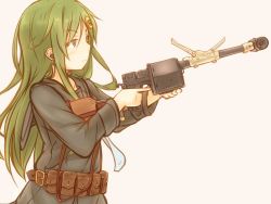 Rule 34 | 1girl, black shirt, blouse, cannon, commentary request, crescent, crescent hair ornament, earplugs, green eyes, green hair, gun, hair ornament, kantai collection, long hair, long sleeves, looking away, nagatsuki (kancolle), shirt, solo, suzushiro (gripen39), upper body, weapon, white background