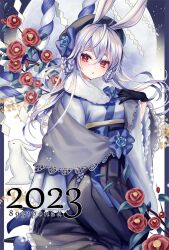 Rule 34 | 1girl, 2023, 8931ponzu, animal, animal ears, beret, blush, bow, braid, braided hair rings, chinese zodiac, cross-laced slit, flower, frilled kimono, frills, full moon, fur collar, gloves, hair rings, hand on own chest, hat, hat bow, japanese clothes, kimono, lace-trimmed shawl, long hair, long sleeves, moon, new year, night, night sky, original, parted lips, rabbit, rabbit ears, rabbit girl, red eyes, rope, shawl, shimenawa, sky, solo, star (sky), thick eyebrows, very long hair, white hair, wide sleeves, year of the rabbit