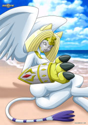 Rule 34 | armor, ass, beach, cat, cat tail, claws, digimon, digimon adventure 02, gauntlets, looking at viewer, nefertimon, pussy, tail, white cat, wings
