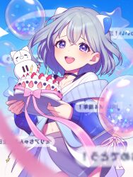 Rule 34 | 1girl, absurdres, blue hair, blue jacket, blurry, blurry foreground, bow, cake, candle, choker, food, highres, holding, holding plate, iriam, jacket, light blue hair, long sleeves, looking at viewer, miria (iriam), navel, open mouth, pink ribbon, plate, purple eyes, ribbon, second-party source, short hair, skirt, solo, tearing up, virtual youtuber, yoshihiro (yoshihiro12190)