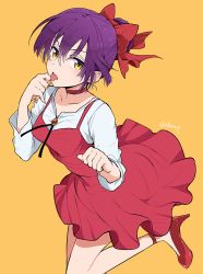 Rule 34 | 1girl, artist name, blouse, bow, cat girl, choker, dress, fang, gegege no kitarou, gem, hair between eyes, hair bow, high heels, highres, licking, licking finger, long sleeves, looking at viewer, nekomusume, pink bow, pointy ears, purple hair, red bow, red choker, red dress, red footwear, shirt, short hair, solo, tongue, tongue out, utenmp, white shirt, yellow background, yellow eyes