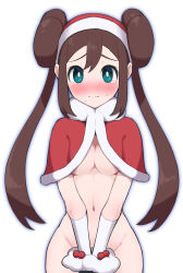 Rule 34 | 1girl, absurdres, blush, bottomless, breasts, bright pupils, brown hair, capelet, closed mouth, commentary request, creatures (company), double bun, game freak, gloves, green eyes, hair bun, hat, highres, long hair, looking at viewer, maki (letusgomaki), navel, nintendo, official alternate costume, pokemon, pokemon masters ex, red capelet, red hat, rosa (holiday 2019) (pokemon), rosa (pokemon), santa hat, simple background, solo, sweat, tearing up, twintails, white background, white pupils
