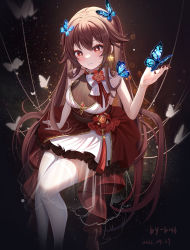 Rule 34 | 1girl, brown hair, bug, butterfly, dress, frilled skirt, frills, genshin impact, highres, hu tao (genshin impact), insect, miaogujun, pantyhose, red eyes, skirt, sky, sleeveless, sleeveless dress, smile, solo, star (sky), starry sky, twintails, white dress, white pantyhose