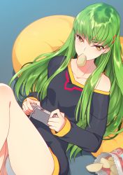 Rule 34 | 1girl, bare shoulders, breasts, c.c., chips (food), cleavage, code geass, collarbone, commentary request, controller, creayus, food, green hair, indoors, long hair, long sleeves, looking at viewer, medium breasts, mouth hold, panties, playing games, sidelocks, underwear, white panties, yellow eyes