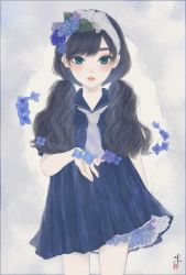 Rule 34 | 1girl, absurdres, black hair, blue dress, blue eyes, blue flower, blue rose, commentary request, cowboy shot, dress, flower, hair flower, hair ornament, hairband, highres, holding, holding flower, hydrangea, light blush, long hair, looking at viewer, low twintails, neckerchief, original, parted lips, petticoat, purple flower, rose, sailor dress, seal impression, short dress, short sleeves, signature, solo, standing, twintails, ushiyama ame, white background, white hairband, white neckerchief