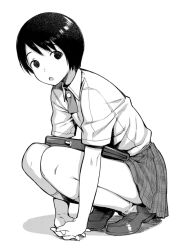 Rule 34 | 1girl, :o, bag, breasts, briefcase, dress shirt, greyscale, hiwatari, kaida bola, kneehighs, loafers, looking at viewer, monochrome, own hands clasped, own hands together, plaid, plaid skirt, school bag, school briefcase, school uniform, shimau, shirt, shoes, short hair, simple background, skirt, small breasts, socks, solo, squatting, white background, yotsubato!