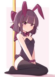 Rule 34 | 1girl, absurdres, animal ears, black thighhighs, bow, bowtie, brown hair, commentary, detached collar, fallenshadow, hair bow, highres, indie virtual youtuber, leotard, looking at viewer, playboy bunny, pole, purple bow, purple bowtie, purple eyes, rabbit ears, rabbit tail, shok (shovelkun), short hair, smile, solo, stripper pole, symbol-only commentary, tail, thighhighs, virtual youtuber, wrist cuffs