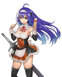 Rule 34 | 1girl, :q, ahoge, alternate costume, belt, blue hair, breasts, cleavage, closed mouth, detached collar, detached sleeves, fire emblem, fire emblem: path of radiance, green eyes, hairband, hiyashiru, holding, holding spoon, long hair, mia (fire emblem), nintendo, scabbard, sheath, sheathed, simple background, solo, spoon, sword, thighhighs, tongue, tongue out, weapon, white background