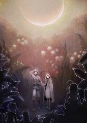 Rule 34 | 2boys, 3girls, cloak, fantasy, flower, from behind, full moon, holding hands, lily of the valley, mini person, miniboy, minigirl, moon, multiple boys, multiple girls, nature, night, original, pointy ears, sachi (pixiv), sachi (yumemayoi), scenery, silhouette, tree, twilight