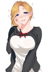 Rule 34 | 1girl, absurdres, azur lane, blonde hair, blue eyes, blush, breasts, collarbone, hand on own head, highres, hood (azur lane), large breasts, long hair, looking at viewer, open mouth, shirt, simple background, smile, solo, tastysalt