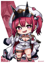 Rule 34 | 1girl, :d, animal on arm, belt, bikini, bikini under clothes, bird, bird on arm, black bikini, black gloves, black hair, blush, breasts, character name, chibi, coat, coat on shoulders, copyright name, epaulettes, eyewear hang, unworn eyewear, fang, full body, gloves, goddess of victory: nikke, hair ornament, hand on own cheek, hand on own face, hat, holster, jacket, kurono, large breasts, looking at viewer, mast (nikke), military hat, multicolored hair, open mouth, peaked cap, red hair, short twintails, shorts, skin fang, skull choker, smile, solo, streaked hair, sunglasses, swimsuit, thigh holster, twintails, twitter username, white coat, white jacket, white shorts