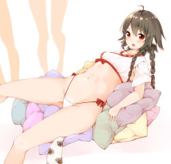 Rule 34 | 10s, 1girl, :d, ahoge, animal ears, anju (utawarerumono), ass, azuki (krps-hano), bad hands, blush, bow, braid, brown eyes, brown hair, commentary, hair between eyes, highleg, highleg panties, highres, hip focus, japanese clothes, legs, leopard ears, leopard tail, lying, manatsuki manata, midriff, multiple braids, navel, on back, open mouth, out of frame, panties, pillow, quad braids, red bow, simple background, smile, solo focus, tail, thighs, underwear, utawarerumono, utawarerumono: itsuwari no kamen, white background, white panties