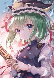 Rule 34 | 1girl, absurdres, balance scale, black hat, blue eyes, center frills, closed mouth, epaulettes, frills, gradient background, green hair, hat, highres, juliet sleeves, kayon (touzoku), long sleeves, looking at viewer, puffy sleeves, rod of remorse, shiki eiki, short hair, solo, touhou, upper body, weighing scale, white background