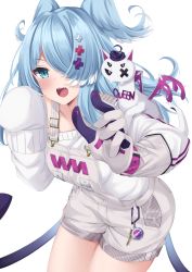 Rule 34 | 1girl, blue eyes, blue hair, collarbone, commentary request, elira pendora, elira pendora (1st costume), english text, extra eyes, fangs, gloves, grey gloves, hair ornament, hair over one eye, highres, long sleeves, looking at viewer, multicolored hair, nijisanji, nijisanji en, off shoulder, open mouth, overall shorts, overalls, pikl (elira pendora), shikapiro, simple background, single glove, sleeves past fingers, sleeves past wrists, streaked hair, sweater, teeth, two side up, upper teeth only, virtual youtuber, white background, white hair, white sweater