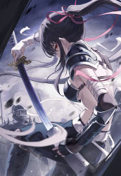Rule 34 | 1girl, arm up, armor, bandages, bandaged arm, bandages, bikini armor, black hair, black pants, boobplate, breastplate, breasts, drawing sword, from behind, gauntlets, greaves, hair ribbon, highres, holding, holding sword, holding weapon, katana, knight, long hair, looking at viewer, looking back, medium breasts, midriff, myung yi, original, pants, ponytail, red eyes, ribbon, sheath, shoulder armor, solo, pauldrons, sword, unsheathing, weapon