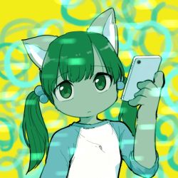 Rule 34 | 1girl, 3yo4yo5yo, animal ears, cat ears, cellphone, child, female focus, furry, furry female, hair bobbles, hair ornament, holding, holding phone, looking at viewer, original, phone, shirt, smartphone, solo, twintails, upper body