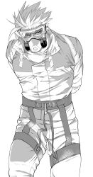 Rule 34 | 1boy, arms behind back, bara, bound, bound arms, deruha (this communication), feet out of frame, frown, gas mask, goggles, greyscale, highres, huge eyebrows, jumpsuit, large pectorals, looking at viewer, male focus, mask, monochrome, muscular, muscular male, pectorals, short hair, solo, spiked hair, standing, thighs, this communication, umedairuka