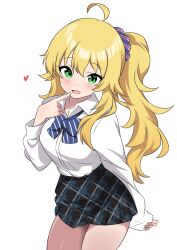 1girl ahoge blonde_hair blush breasts collar collared_shirt cowboy_shot dot_nose eyelashes finger_to_mouth fluffy_hair green_eyes gyaru hair_ornament hair_over_shoulder hair_scrunchie heart highres hoshii_miki idolmaster idolmaster_(classic) idolmaster_million_live! idolmaster_million_live!_theater_days large_breasts long_hair long_sleeves looking_at_viewer official_alternate_hairstyle open_mouth plaid_clothes plaid_skirt pleated_skirt ponytail school_uniform scrunchie shirt sidelocks simple_background skirt sleeves_past_wrists solo thighs wavy_hair white_background white_collar white_shirt zaza_(zahaoming)