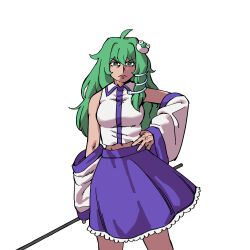 Rule 34 | 1girl, absurdres, ahoge, bare shoulders, blue skirt, breasts, commentary, cowboy shot, detached sleeves, eddybird55555, english commentary, frog hair ornament, glaring, gohei, green eyes, green hair, hair ornament, hand on own hip, highres, holding, holding stick, kochiya sanae, looking at viewer, medium breasts, midriff, shirt, simple background, skirt, snake hair ornament, solo, stick, tan, touhou, v-shaped eyebrows, white background, white shirt, wide sleeves