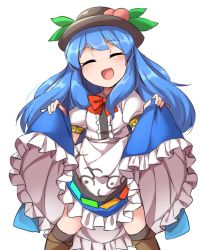 Rule 34 | 1girl, :d, ^ ^, blue hair, blush, boots, bow, bowtie, closed eyes, clothes lift, commentary, dress, dress lift, closed eyes, food, food on head, fruit, fruit on head, fun bo, hat, hinanawi tenshi, kneehighs, long hair, object on head, open mouth, peach, skirt, skirt lift, smile, socks, solo, touhou