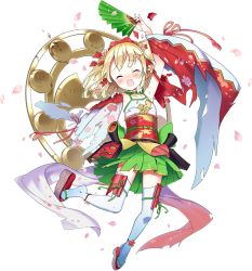 Rule 34 | 1girl, :d, blonde hair, blush, bow, choker, clogs, closed eyes, detached sleeves, flat chest, flower, full body, green choker, green skirt, hair bow, hair flower, hair ornament, hand fan, hand up, japanese clothes, leg ribbon, looking at viewer, official art, omi hachiman (oshiro project), open mouth, oshiro project:re, oshiro project:re, paper fan, rassie s, ribbon, sandals, short twintails, skirt, smile, standing, standing on one leg, tearing up, thighhighs, torn clothes, transparent background, twintails, watermark, white thighhighs, wide sleeves