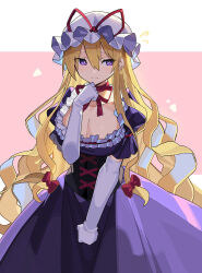Rule 34 | 1girl, blonde hair, breasts, choker, cleavage, closed mouth, commentary, commentary request, dress, elbow gloves, falken (yutozin), gloves, hair between eyes, hat, highres, large breasts, long hair, mob cap, pink background, purple dress, purple eyes, red choker, red ribbon, revision, ribbon, ribbon choker, solo, touhou, two-tone background, white background, white gloves, white hat, yakumo yukari