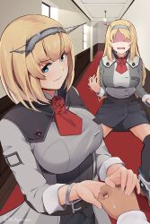 Rule 34 | 1other, 2girls, ascot, befu, belt, black belt, black skirt, black thighhighs, blonde hair, blue eyes, breasts, closed mouth, hallway, headgear, highres, indoors, kantai collection, large breasts, long hair, long sleeves, military uniform, multiple girls, nelson (kancolle), open mouth, red ascot, rodney (kancolle), shaded face, short hair, skirt, smile, thighhighs, twitter username, uniform