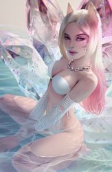 Rule 34 | 1girl, ahri (league of legends), animal ears, bikini, blonde hair, blue eyes, breasts, chain, crystal tail, detached sleeves, facial mark, fox ears, fox tail, gradient hair, highres, jewelry, k/da (league of legends), k/da ahri, kneeling, league of legends, long hair, looking at viewer, medium breasts, multicolored hair, necklace, olesyaspitz, solo, strapless, strapless bikini, swimsuit, tail, water, whisker markings, white bikini