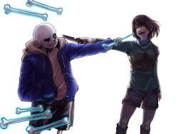 Rule 34 | 1boy, androgynous, bone, chara (undertale), evil smile, holding, holding knife, hood, hoodie, knife, monster boy, sans (undertale), shirt, shousan (hno3syo), skeleton, smile, source request, striped clothes, striped shirt, striped sweater, sweater, transparent background, undertale