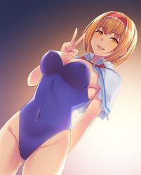 Rule 34 | 1girl, alice margatroid, animated, blush, breasts, brown eyes, brown hair, cleavage, cookie (touhou), gradient background, hairband, highres, hinase (cookie), large breasts, looking at viewer, navel, open mouth, short hair, smile, solo, tarmo, touhou, v