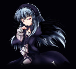 Rule 34 | 00s, 1girl, aoi (artist), black background, black thighhighs, black wings, collarbone, flower, frills, hairband, lolita hairband, long sleeves, looking at viewer, pink eyes, rose, rozen maiden, silver hair, simple background, sitting, solo, suigintou, thighhighs, wings, yorimichi (aoixx)