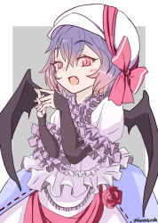 Rule 34 | 1girl, bat wings, blush, blush stickers, dress, elbow gloves, embellished costume, fang, fingerless gloves, flower, frilled dress, frills, gloves, grey background, hat, hat ribbon, highres, interlocked fingers, kanrobi, layered dress, light purple hair, looking at viewer, open mouth, own hands clasped, own hands together, puffy short sleeves, puffy sleeves, red eyes, red flower, red rose, remilia scarlet, ribbon, rose, sash, short hair, short sleeves, slit pupils, solo, touhou, twitter username, wings
