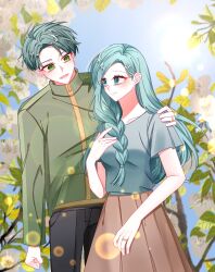 1boy 1girl :d aqua_hair aqua_shirt black_pants blue_sky blush braid brown_skirt closed_mouth collarbone couple day etra-chan_wa_mita! green_hair green_jacket hand_on_another&#039;s_shoulder hetero highres husband_and_wife jacket jewelry long_hair long_sleeves looking_at_another lusitteog mole mole_under_eye open_mouth outdoors pants ring shirt short_hair short_sleeves single_braid skirt sky smile standing t-shirt tokusa_(etra-chan_wa_mita!) wedding_ring yuzuriha_(etra-chan_wa_mita!) zipper