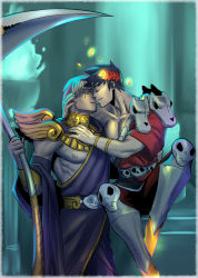 Rule 34 | 2boys, ancient greek clothes, astraea f, belt, black hair, closed eyes, gorget, greco-roman clothes, hades (series), hades 1, hand on another&#039;s face, hand on another&#039;s hip, imminent kiss, laurel crown, male focus, multiple boys, scythe, silver hair, single bare shoulder, sitting, skull, smile, thanatos (hades), yaoi, yellow eyes, zagreus (hades)