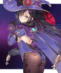 Rule 34 | 1girl, aqua eyes, ass, bad id, bad pixiv id, black pantyhose, cape, detached sleeves, earrings, from side, fur trim, genshin impact, gloves, jewelry, long hair, long sleeves, looking at viewer, mona (genshin impact), pantyhose, purple hair, shizukodesu, solo, twintails